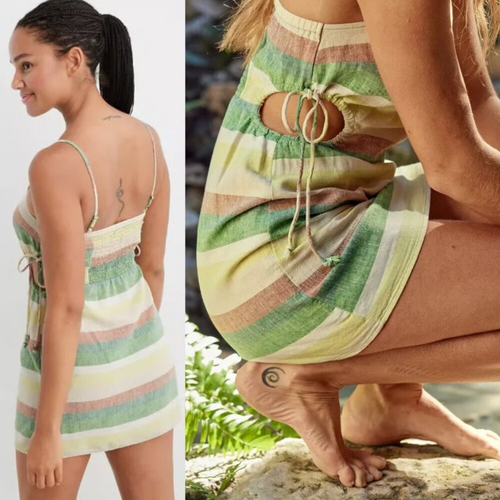NWT size XL Aerie green yellow tan striped mini sundress dress with cutouts NEW